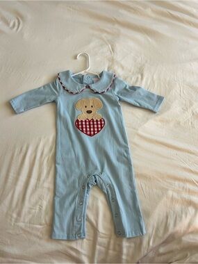 Stitchy Fish Baby Blue Puppy Heart Appliqué One-Piece | NWOT | 3-6m